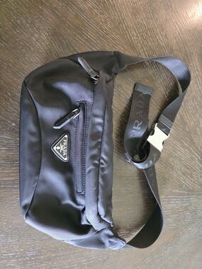 Prada Black Nylon Belt Bag with Logo Plaque and Branded Strap